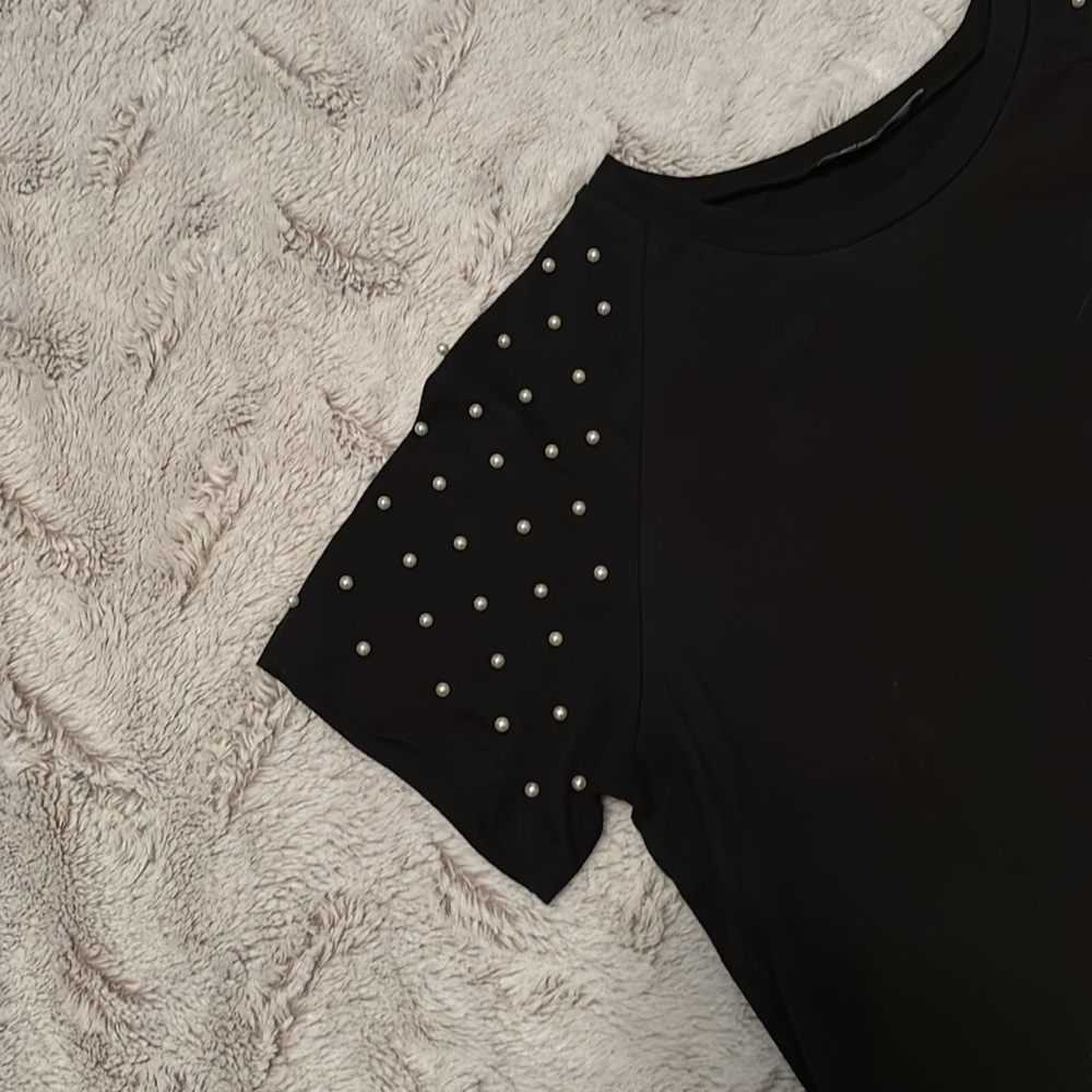 Black Beaded Sleeve Top Women’s Size Large Embellished Blouse - Picture 3 of 5